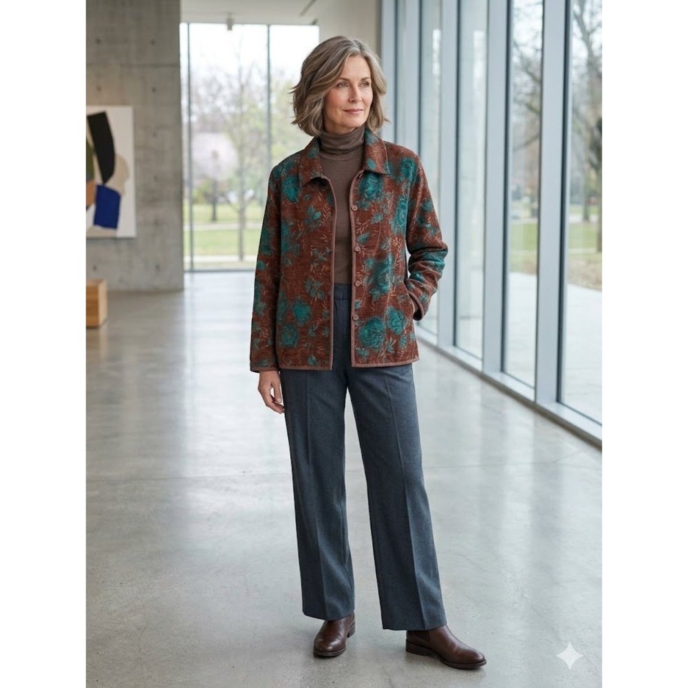 Vintage Floral Tapestry Jacket Brown Teal Chenille Texture Button Front Blazer M